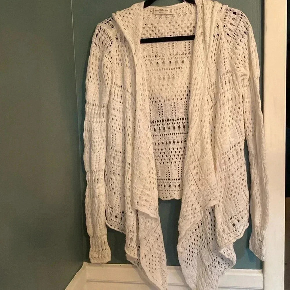 Abercrombie & Fitch white womens crochet open hooded cardigan - size M/L - Picture 1 of 5